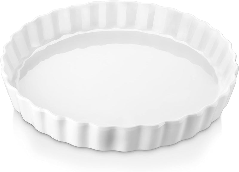 LOVECASA 10 Inch Porcelain Quiche Baking Dish - Non-Stick Tart Pan with Ruffled Edge MicrowaveDishwasherOven Safe White