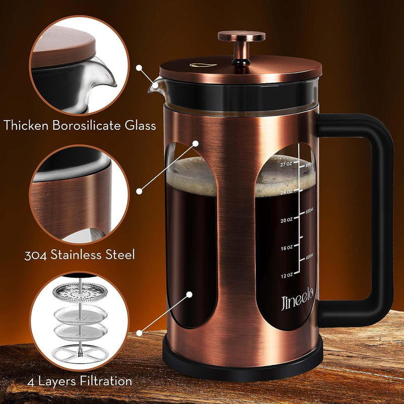 Jineelo French Press Coffee Maker 34 Ounce, Copper Stainless Steel Coffee Press Heat Resistant Borosilicate Glass, Cold Brew Coffee Maker & Tea Press Kit For Camping, Travel & Gifts.