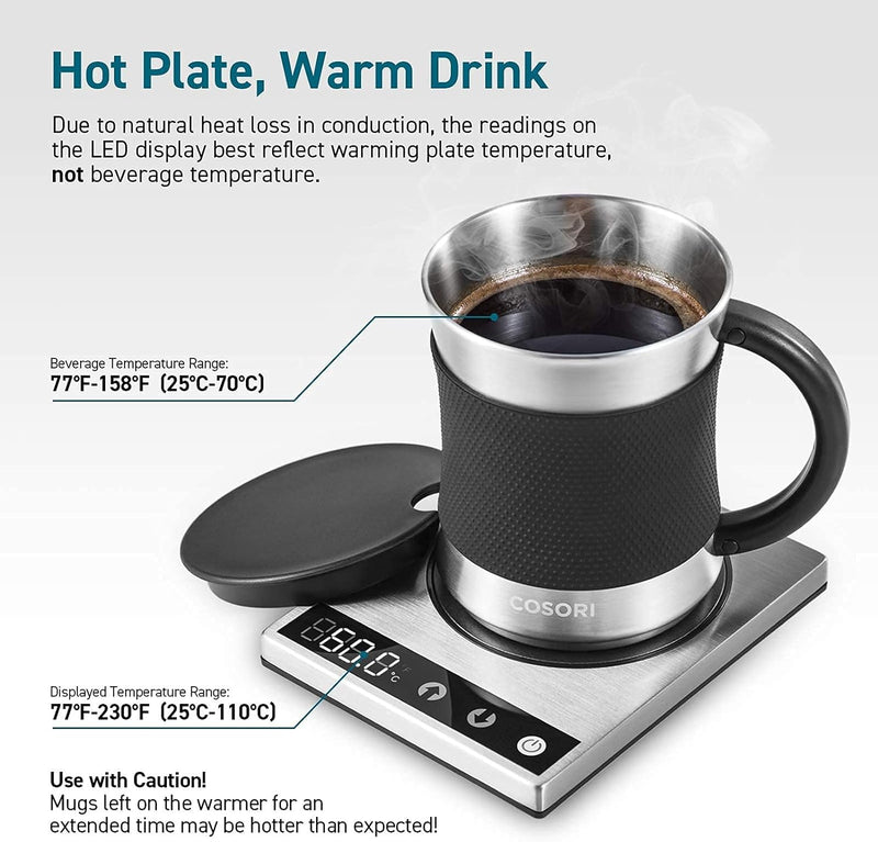 COSORI Coffee Mug Warmer & Mug Set for Desk, Cup Heater, Office & Christmas Gifts, 1°F Precise Temperature Control, Touch Tech & LCD Digital Display (77-194℉), 304 Stainless Steel