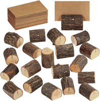 Supla 20 Pcs Rustic Wood Place Card Holders Wooden Table Numbers Holder Stand Wooden Bark Memo Holder Card Photo Picture Note Clip Holders and Kraft Place Cards Bulk Wedding Party Table Number Sign