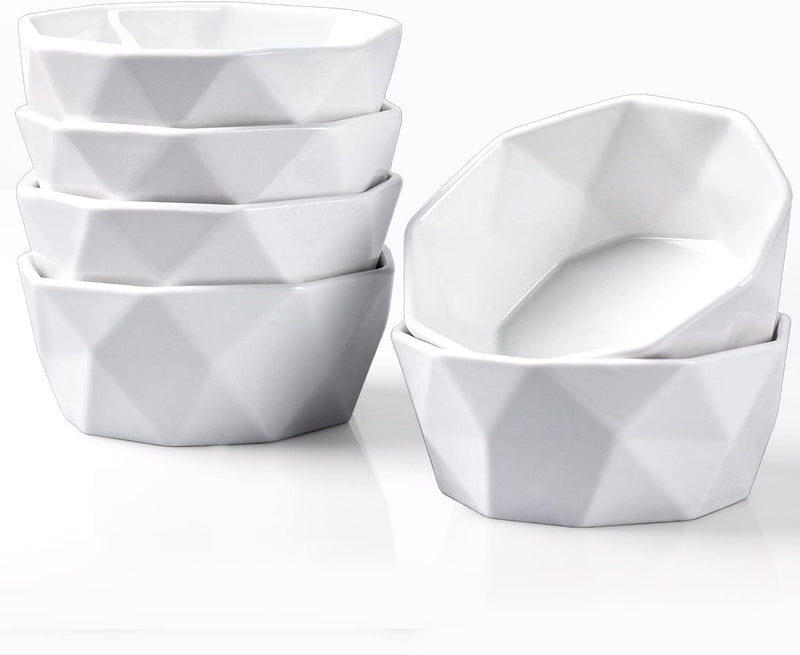 Porcelain Ramekins Set of 6 - White Geometric Bowls for Baking and Serving 8 oz Capacity