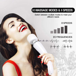 keenigh Wand Massager Therapeutic Personal Massager with 8 Speeds 20 Vibrating Patterns USB Rechargeable Handheld Cordless Wand Massager for Muscle Aches and Sports Recovery - White