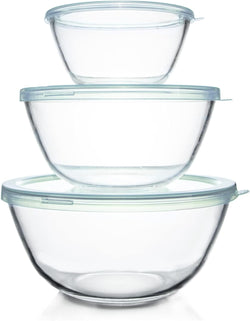 3PC Glass Mixing Bowl Set with Lids - Clear Dishwasher Safe for Kitchen Cooking and Baking