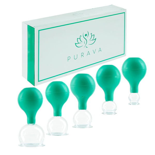 PURAVA Cupping Therapy Set with Suction Ball, Glass Cupping Set for Neck, Face and Body for Tension, Back Pain and Cellulite - Set of 5