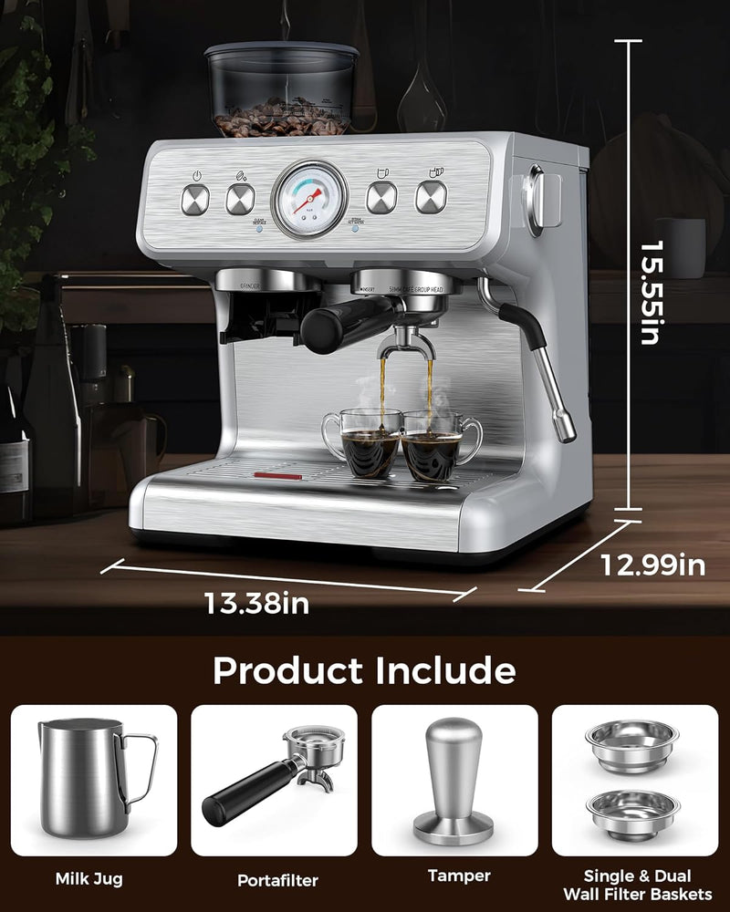 COWSAR Espresso Machine 15 Bar, Semi-Automatic Espresso Maker with Bean Grinder and Milk Frother Steam Wand, 75 oz Removable Water Tank for Cappuccino, Latte, Stainless Steel