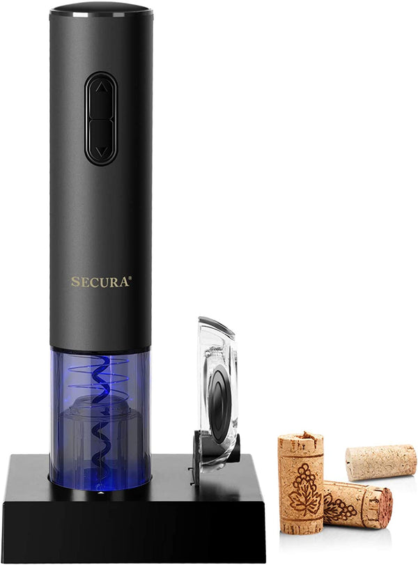 Secura Electric Wine Opener, Automatic Electric Wine Bottle Corkscrew Opener with Foil Cutter, Rechargeable (Black)