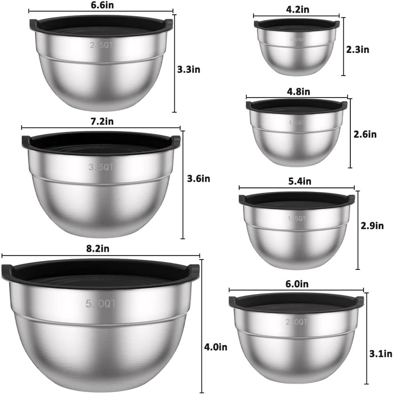 TAEVEKE 7PCS Mixing Bowls with Lids Set, Stainless Steel Nesting Mixing Bowl Set for Baking, Mixing, Serving & Prepping, Set of 7-5, 3.5, 2.5, 2, 1.5, 1, 0.67QT (Black)