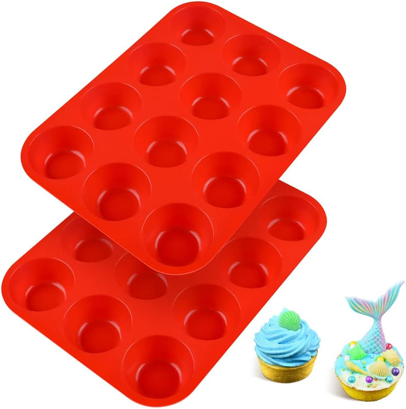 Silicone Muffin Pan - 12 Cup Nonstick Baking Tray for Muffins Cakes and Fat Bombs - Energywave 2-Pack