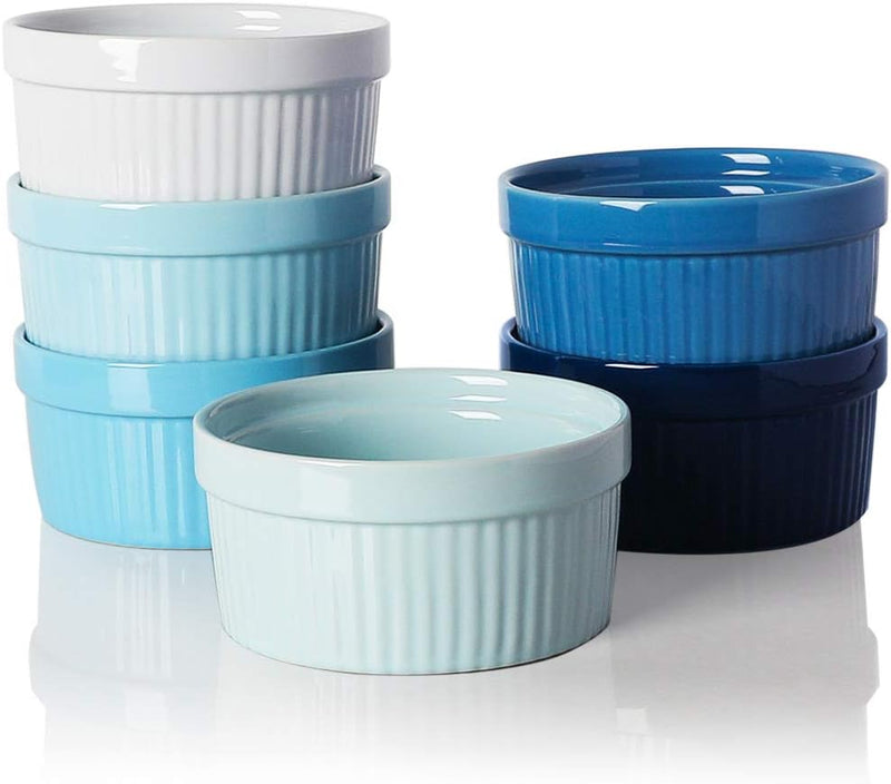 6-Piece Blue Ceramic Ramekin Set - 10oz Capacity for Souffle Creme Brulee Cheese and Dipping Sauce