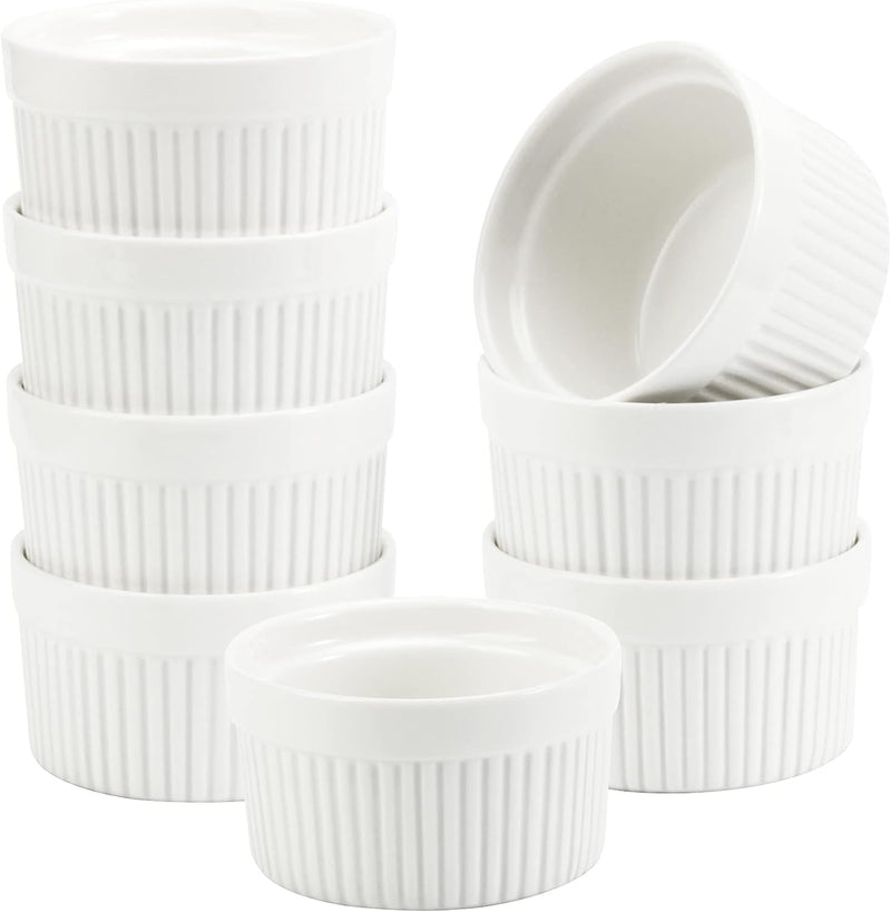 Set of 8 Sleek 6 oz Porcelain Ramekins for Baking and Cooking - Oven Safe