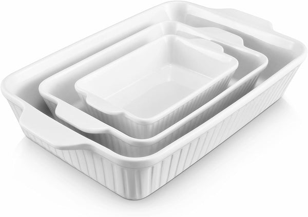 Ceramic Baking Dish Set of 3 in White - LasagnaDeepBaking Pans with Handles for Oven Cooking 15612289