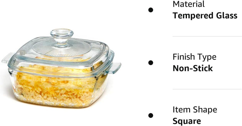 Glass Square Casserole Dish with Lid - Oven and Microwave Safe 08L