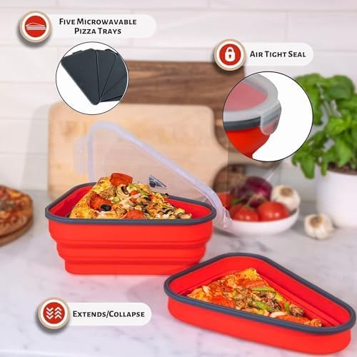 The Perfect Pizza Pack - Reusable Pizza Storage Container with 5 Microwavable Trays - BPA-Free Organizer for Space-Saving Red