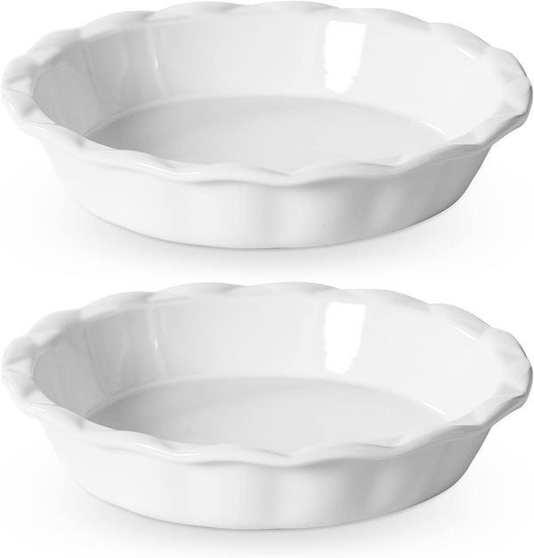 Ceramic Pie Pans - 9 Deep Dish Set of 2 with Rippled Edge and Festive Color