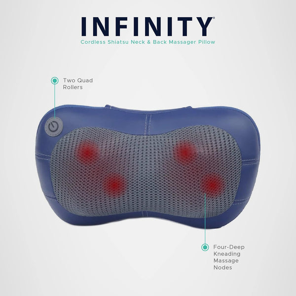 Infinity Shiatsu Cordless Body and Neck Massager Pillow Wireless Rechargable Blue, Back, Neck Pillow, Massagers for Neck and Back, Gifts for Men and Women, Massaging Pillow, for Him and Her