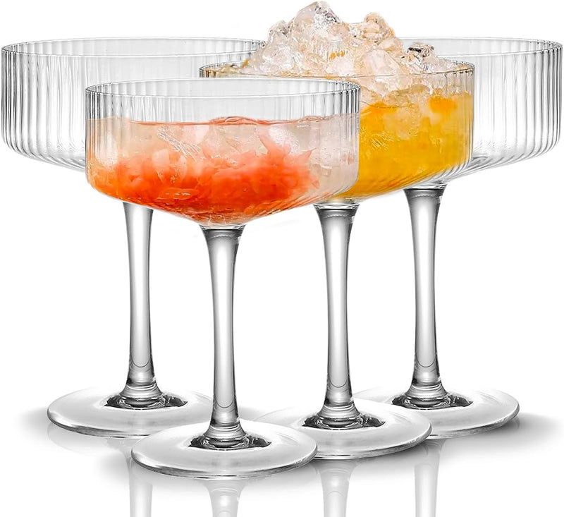 Qipecedm 4 Pcs Ribbed Coupe Glasses, 10 oz Vintage Cocktail Coupe Glasses Set, Unique Martini Glass, Classic Cocktail Galssware, Bar Drinking Glasses Set Pefect for Cocktail, Wine, Champagne & Gift