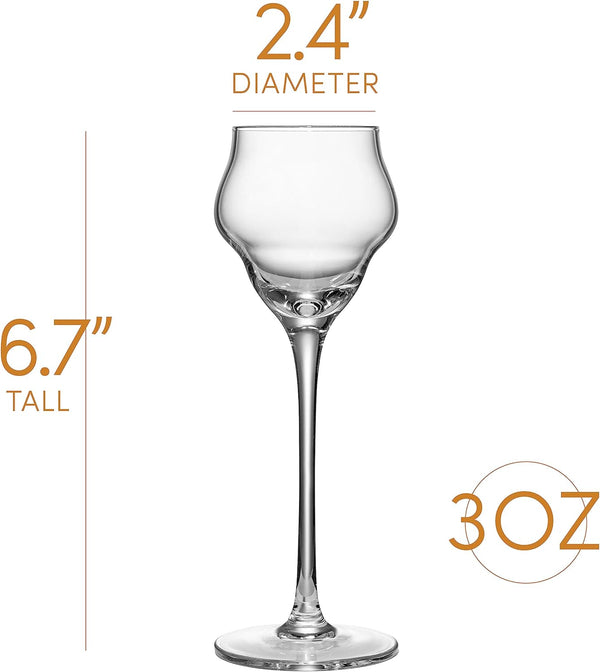 GLASSIQUE CADEAU Crystal Sambuca, Cordial, Digestive Glasses with Long Stem for Sipping After Dinner Drinks | Set of 4 | 3 oz Tall Stemmed Liquor Glassware for Aperitif, Amaro, Liqueur, Spirits