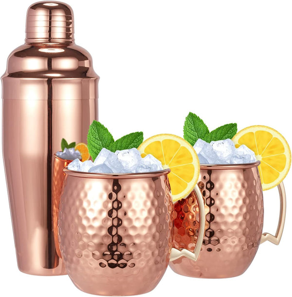 Moscow Mule Mugs Set of 3-Hammered Moscow Mule Mugs Drinking Cup with 24oz Cocktail Shaker-Great Dining Entertaining bar Gift Set (Mug Set of 3 -Cocktail Shaker Included)