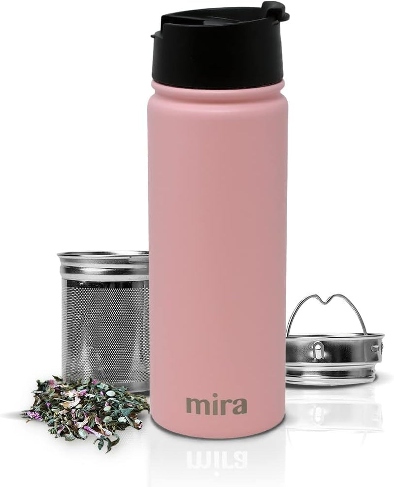 MIRA Stainless Steel Insulated Tea Infuser Bottle for Loose Tea - Thermos Travel Mug with Removable Tea Infuser Strainer-18 oz, Pearl Blue