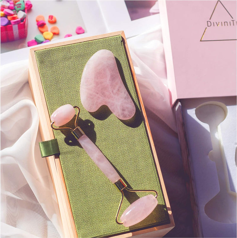 Rose Quartz Face Roller and Gua Sha Set - Face Roller Skin Care - Jade Roller and Gua Sha and Jade Roller for Face Rollers for Women Gifts - Rose Quartz Roller for Face Massage Roller DiviniTi