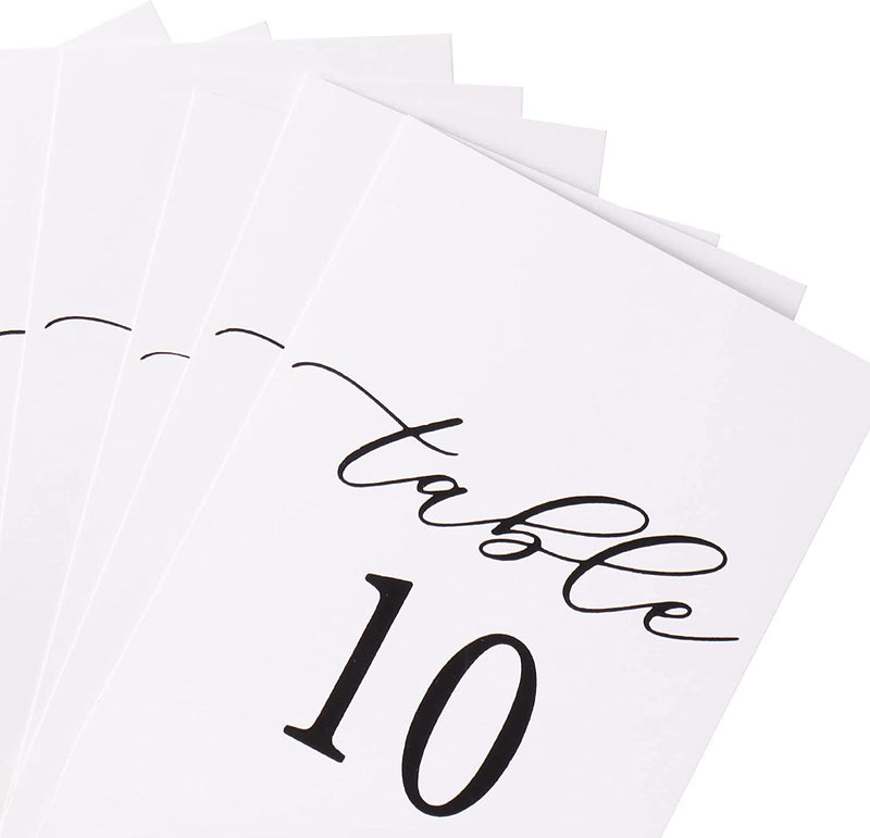 Hanna Roberts Modern Cursive Table Number Card Stock Signs with round Stand for Wedding Reception, Restaurant, Event Party, 4" X 6" (Set of 10, 1-10, Gold)