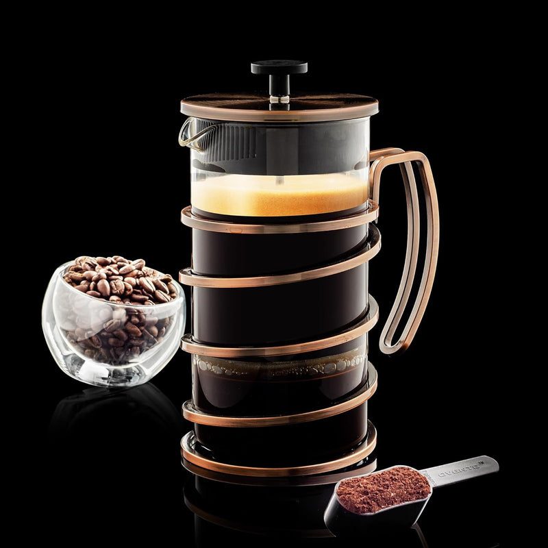 OVENTE 34 Ounce French Press Coffee & Tea Maker, 4 Filter Stainless Steel Filter Plunger System & Durable Borosilicate Heat Resistant Glass, Perfect for Hot & Cold Brew, Spiral Copper FSW34C