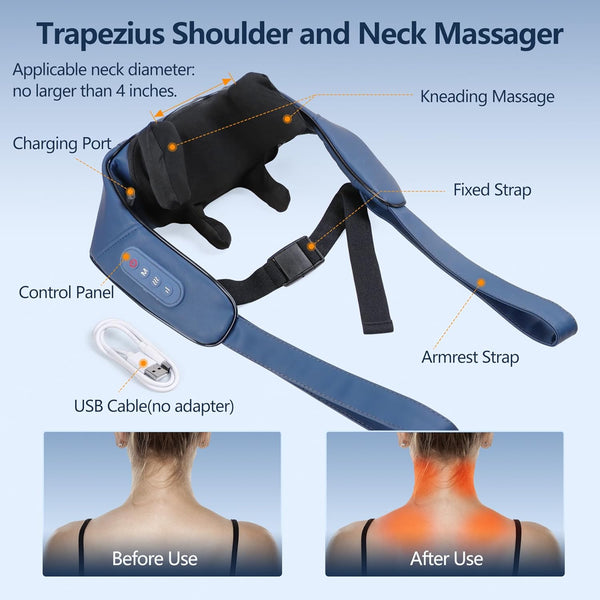 Neck Massager for Neck and Shoulder with Heat, Shiatsu Neck and Up Back Massager with Heat Kneading Massage Area, Portable Cordless Electric Neck Shoulder Massager for Pain Relief Deep Tissue