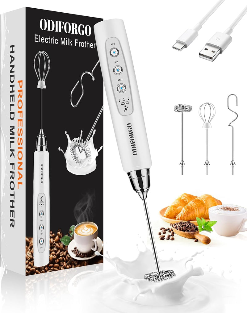 ODIFORGO Rechargeable Milk Frother Handheld, Electric Drink Mixer with 3 Stainless Whisks 3 Speed Adjustable, Coffee Foam Maker, Electric Whisk, Coffee Frother Wand for Latte Matcha Protein Powder