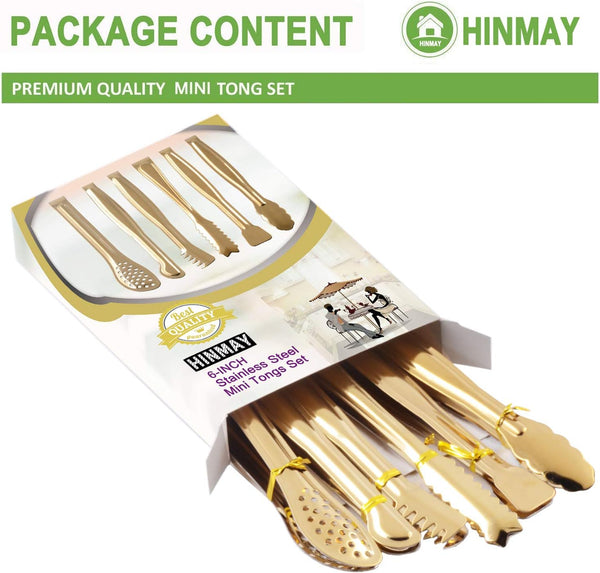 HINMAY Gold Plated Mini Serving Tongs Set 6-Inch Appetizers Tongs Stainless Steel Small Sugar Cube Tongs Ice Tongs, Set of 6
