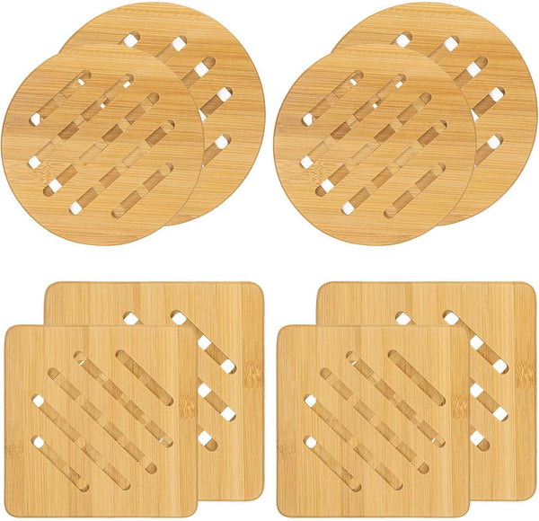 Lawei 8 Pack Bamboo Trivet Mat Set, Kitchen Wood Non-Slip Coaster, Hot Pads Trivet with Non-Slip Pads Heat Resistant Pads, for Hot Dishes Pot Bowl, Teapot, Hot Pot Holders, Square and Round