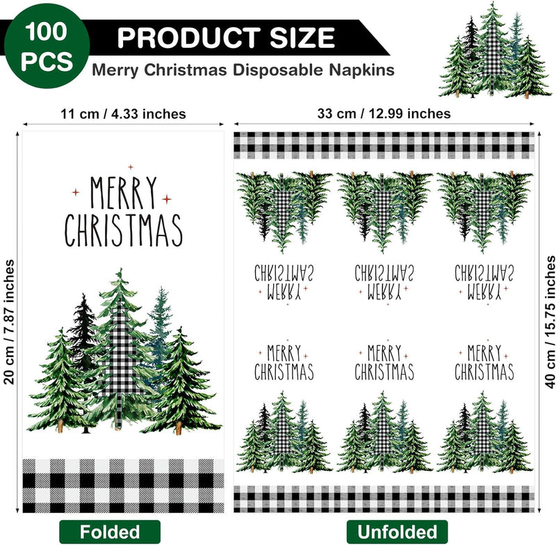 100 Pieces Christmas Napkins Bulk Holiday Disposable Paper Guest Hand Towel Christmas Tree Cocktail Napkins Merry Christmas Hand Napkins for Home Winter Kitchen Xmas Party (Bright Plaid)