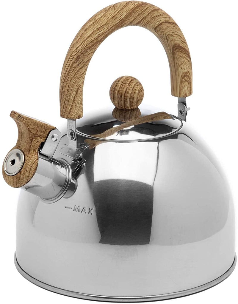 Primula Stewart Whistling Stovetop Tea Kettle Food Grade Stainless Steel, Hot Water Fast to Boil, Cool Touch Folding, 1.5-Quart, Brushed with Black Handle