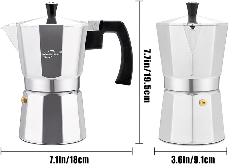 MVPLUE Classic Stovetop Espresso Maker 6 Cup ，Moka Pot Aluminum Silver，Cuban Coffee Maker， Make Delicious Coffee Easily at Home And Camping