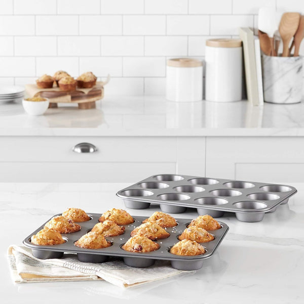 Amazon Basics Nonstick Round Muffin Baking Pan, 12 Cups, Set of 2, Gray, 13.9x10.55x1.22"