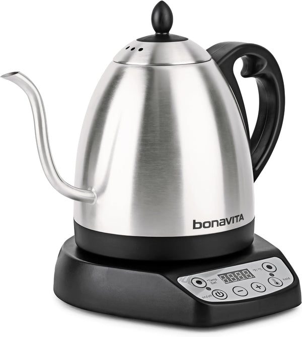Bonavita 1L Digital Variable Temperature Gooseneck Electric Kettle for Coffee Brew and Tea Precise Pour Control, 6 Preset Temps, Café or Home Use, 1000 Watt, Stainless Steel