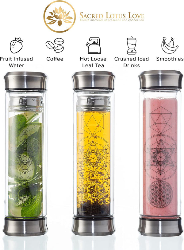 Sacred Lotus Love Double-Walled Glass Tea Infuser Bottle - Portable Travel Mug with Strainer and Sleeve for Loose Leaf Tea, Coffee, Smoothies - Insulated Tumbler with Lid for Hot and Iced Beverages