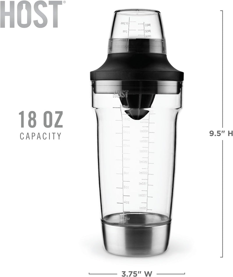 HOST All in One Cocktail Shaker Set | 5 in 1 Tool - Jigger Cap | Strainer | Reamer | Stainless Steel Bottle Opener and Oz and mL Markers 18 oz Capacity - Multitool Bartending Mixer for Drinks