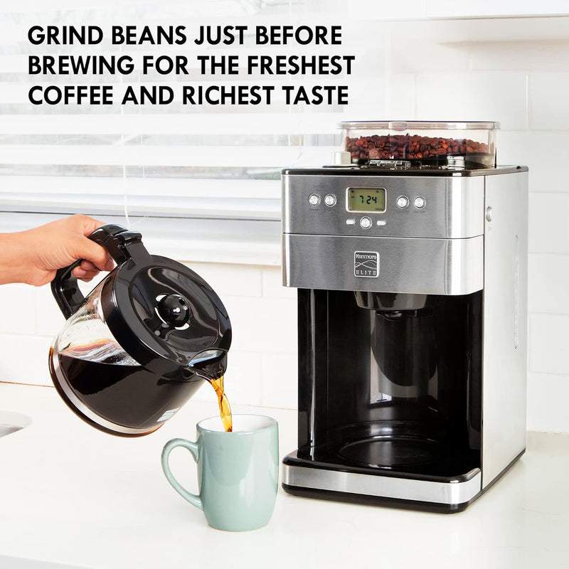 Kenmore Elite Grind and Brew Coffee Maker w/ Burr Grinder, 12 Cup Programmable Automatic Timer Brew Coffee Machine, Air-Tight Bean Hopper, Grind Size and Brew Strength Selectors, Stainless Steel