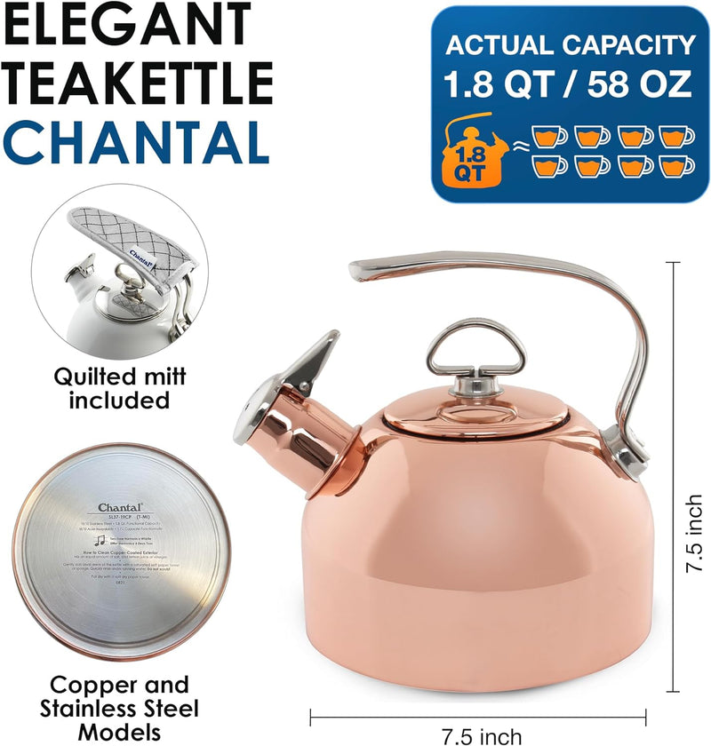 Chantal Classic Teakettle, 1.8 QT, Food Grade Pure Copper, 2-Tone Harmonica Whistle, Rapid Boil and Even Heating (Copper)