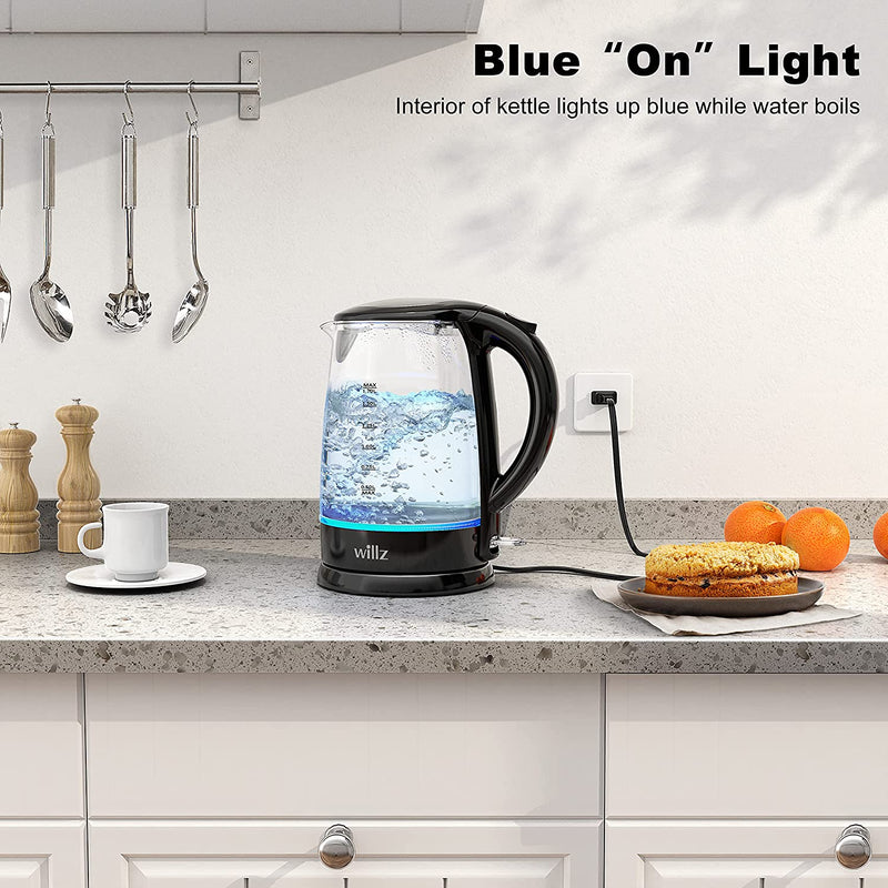 Willz Electric Glass Kettle with Heat Resistant Handle and Cordless Pour, Quick Boil & Auto Shut-Off Technology, Blue Boil Light, 1.7L, 1500 W, Black