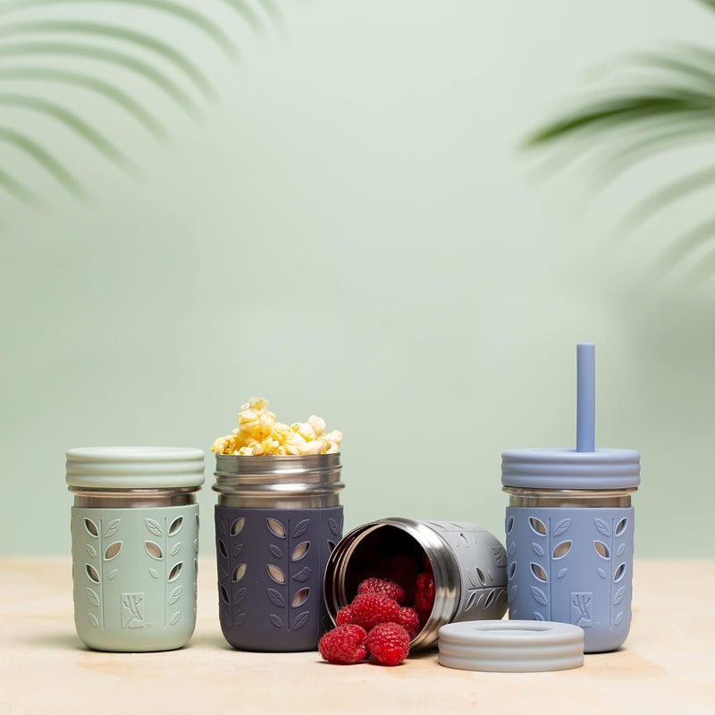Elk and Friends Stainless Steel Cups | Mason Jar 10oz | Kids & Toddler Cups with Silicone Sleeves & Straws with Stopper | Spill proof Smoothie Cups