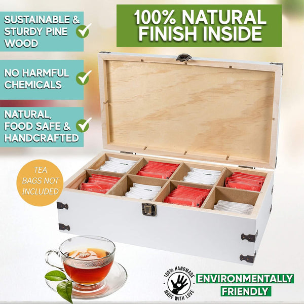 Zen Earth Inspired White Wooden Tea Box Storage Chest Box Big Pine Wood Kitchen Organizer Large, Tall, Adjustable