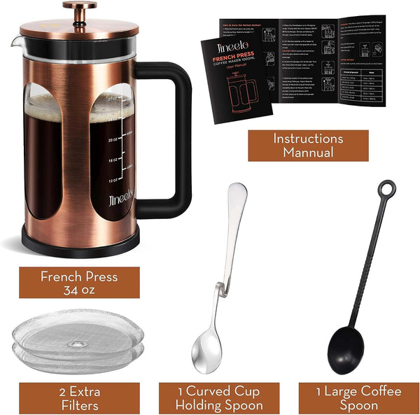 Jineelo French Press Coffee Maker 34 Ounce, Copper Stainless Steel Coffee Press Heat Resistant Borosilicate Glass, Cold Brew Coffee Maker & Tea Press Kit For Camping, Travel & Gifts.