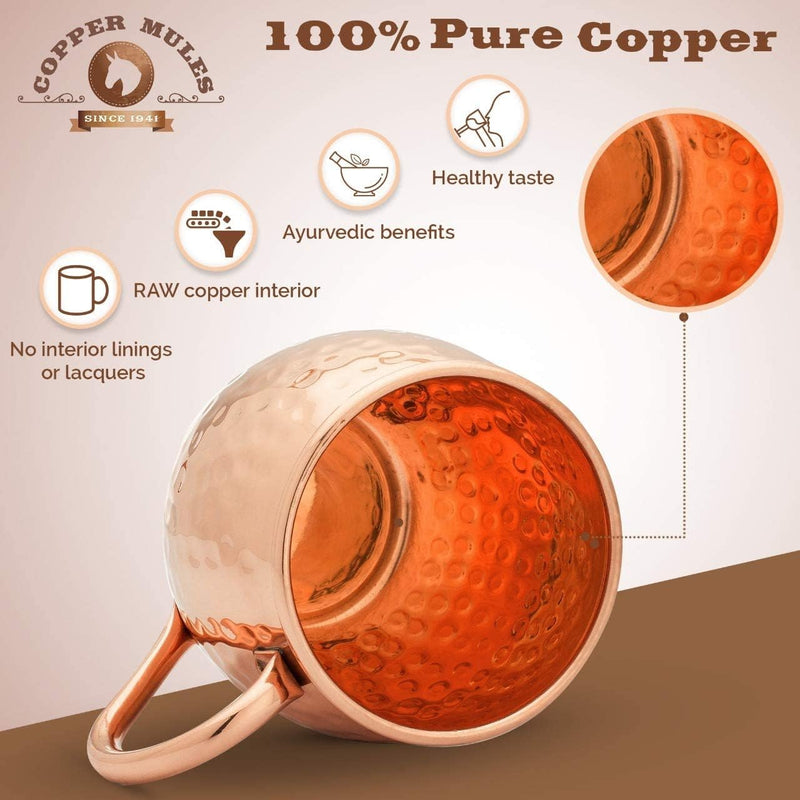 Copper Mules Moscow Mule Copper Mugs Set of 2 Hand Hammered - Classic Riveted Handles – The Finest Moscow Mule Mugs - Holds 16oz each
