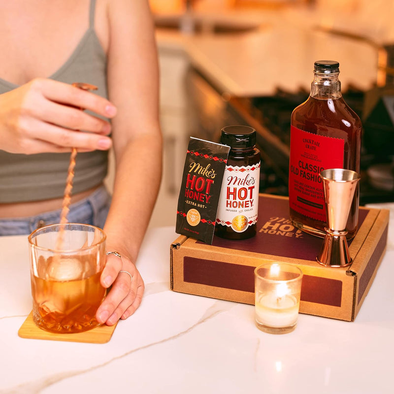 Mike's Hot Honey Cocktail Gift Set - Old Fashioned Cocktail Kit with Rose Gold Cocktail Jigger and Bar Spoon, Classic Old Fashioned Cocktail Mix, Hot Honey 10oz, 2 Coasters & Recipe Book