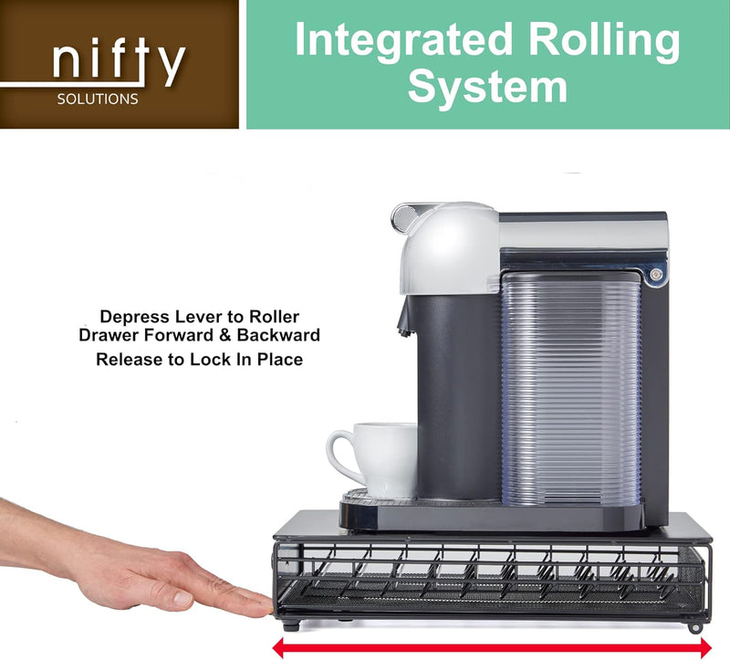 Nifty Vertuoline Rolling Coffee Pod Drawer – Satin Black Finish, 40 Pod Capsule Holder, Compact Under Coffee Pot Storage, Office or Home Kitchen Counter Organizer