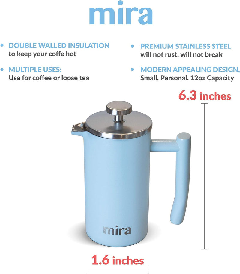 MIRA Coffee Lover Bundle with 12oz Insulated French Press (Pearl Blue) and 12oz Insulated Travel Mug (Pearl Blue)