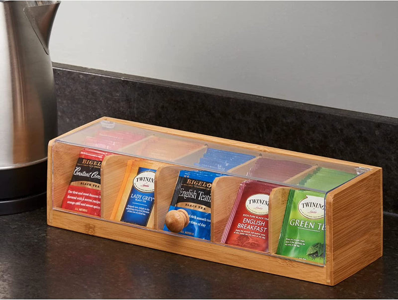 Nifty Solutions Bamboo Tea Box | 5 Compartment Tea Bag Storage | Stores up to 100 Tea Packets | Natural Wooden Tea Box | Tea Storage Containers | Organize Tea, Jewelry & Small Items