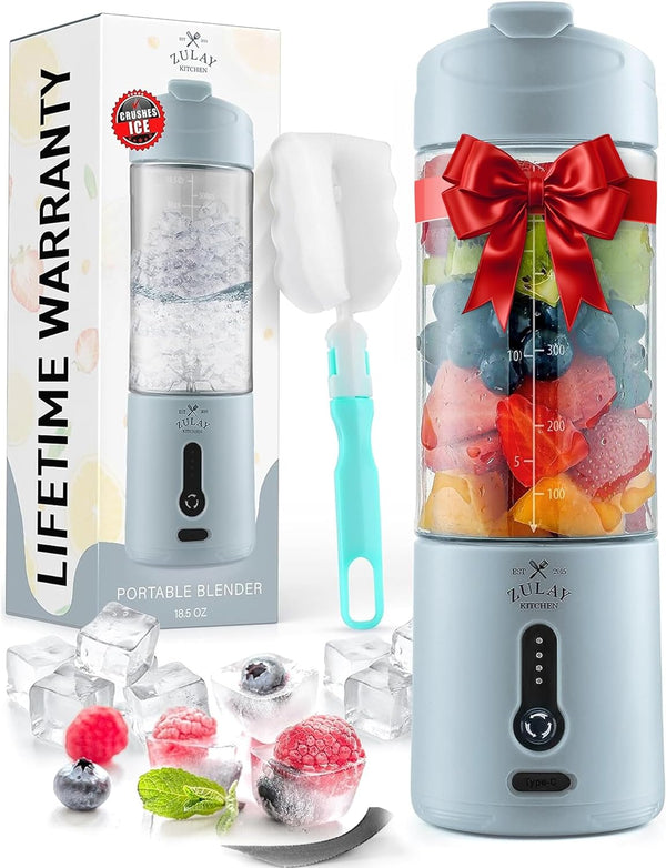 Zulay Kitchen 18 oz Personal Blenders that Crush Ice - USB-C Rechargeable, Cordless Travel Blender - Portable Smoothie Blender On the Go, Frozen Fruits, & Veggies with 6 Sharp Blades (Light Blue)