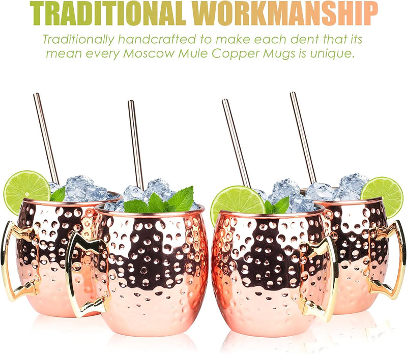 Hossejoy Moscow Mule Copper Mugs - Set of 4-100% Handcrafted Solid Copper Mugs, 16 oz Copper Cups with 4 Cocktail Copper Straws